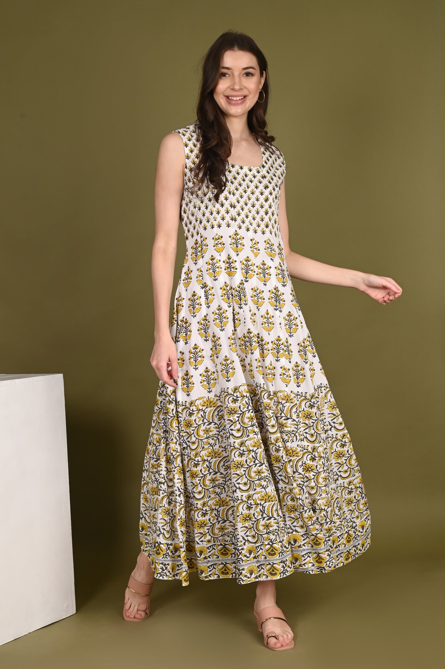 Yellow floral handblock printed Organic Viscose Gown