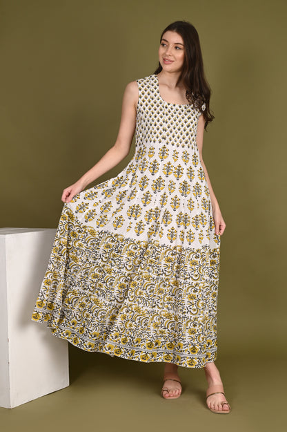 Yellow floral handblock printed Organic Viscose Gown