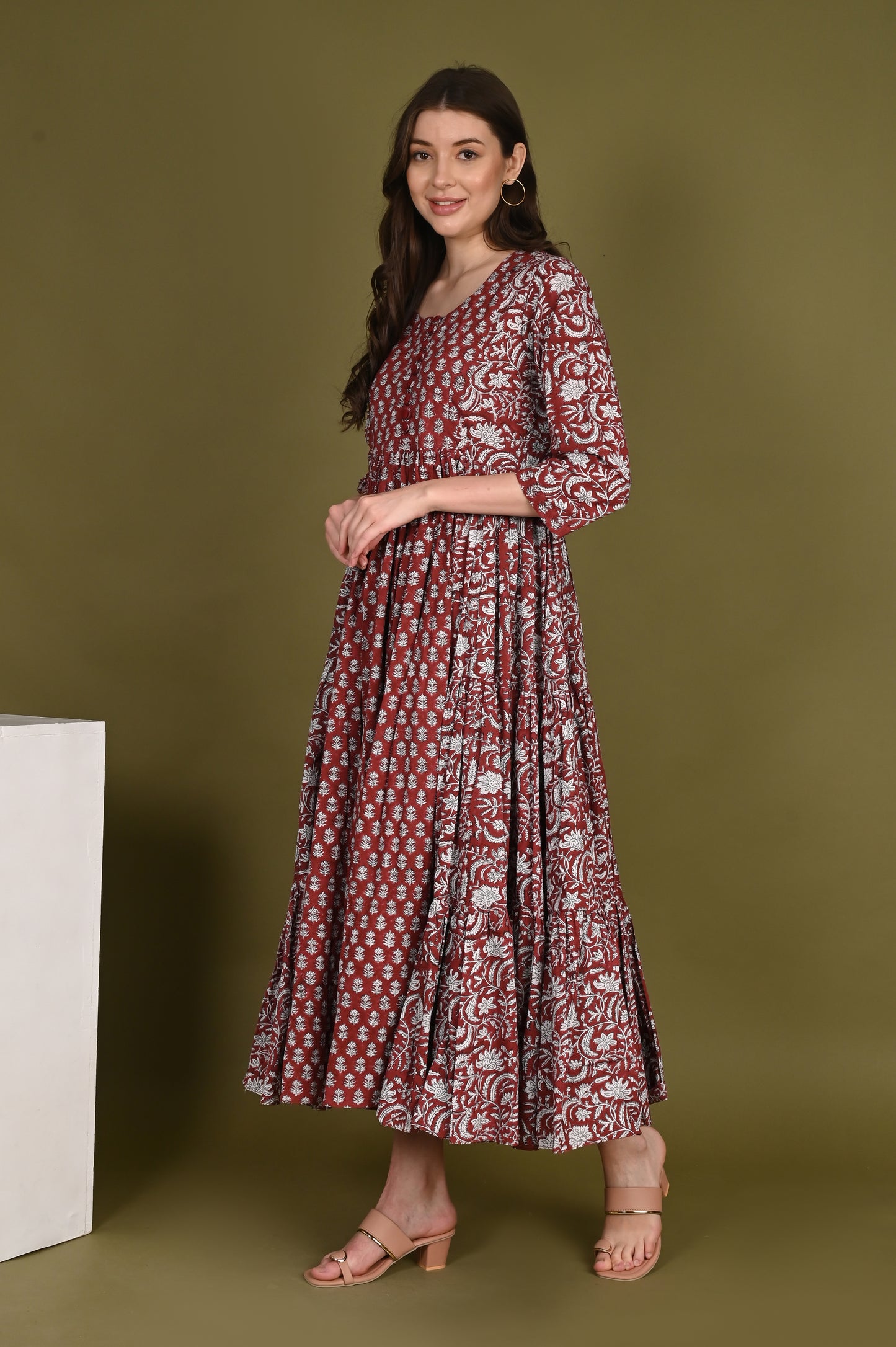 Maroon Small Buti Handblock Print Premium Cotton Gown