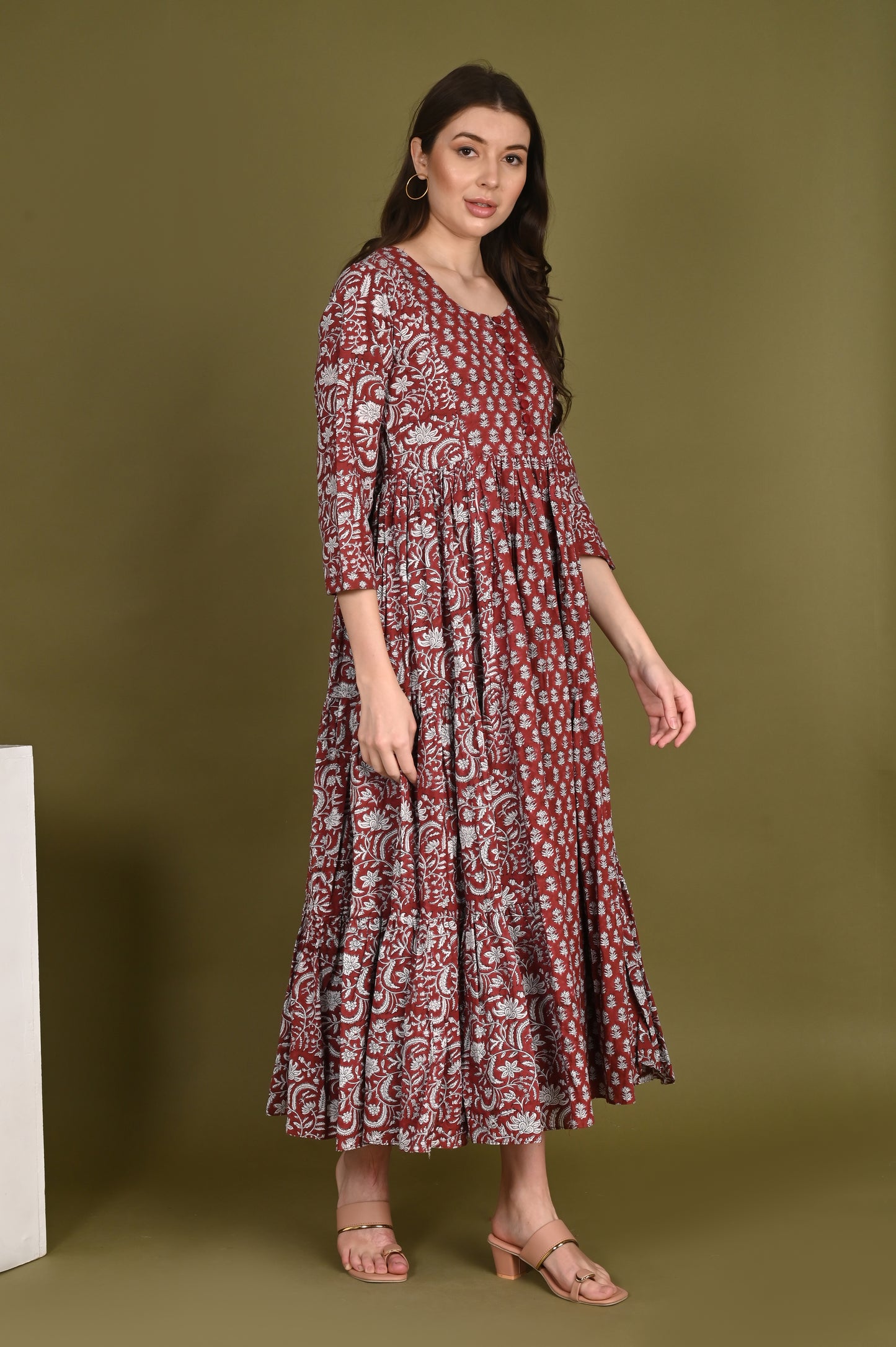 Maroon Small Buti Handblock Print Premium Cotton Gown