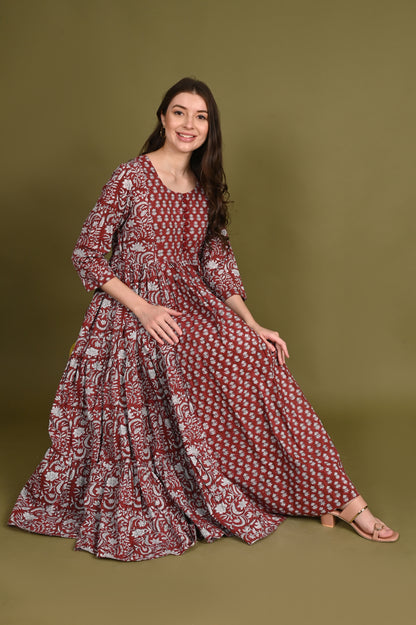 Maroon Small Buti Handblock Print Premium Cotton Gown