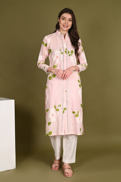 Pink Premium Cotton Hand Painted Kurta only