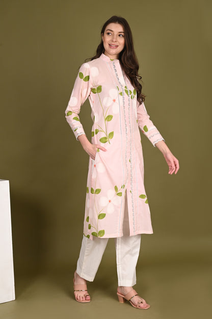 Pink Premium Cotton Hand Painted Kurta only