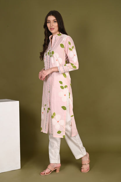 Pink Premium Cotton Hand Painted Kurta only