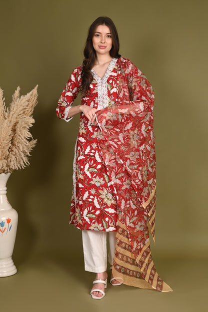 Red Handblock Print Premium Cotton Kurta set with Kota Doriya Dupatta