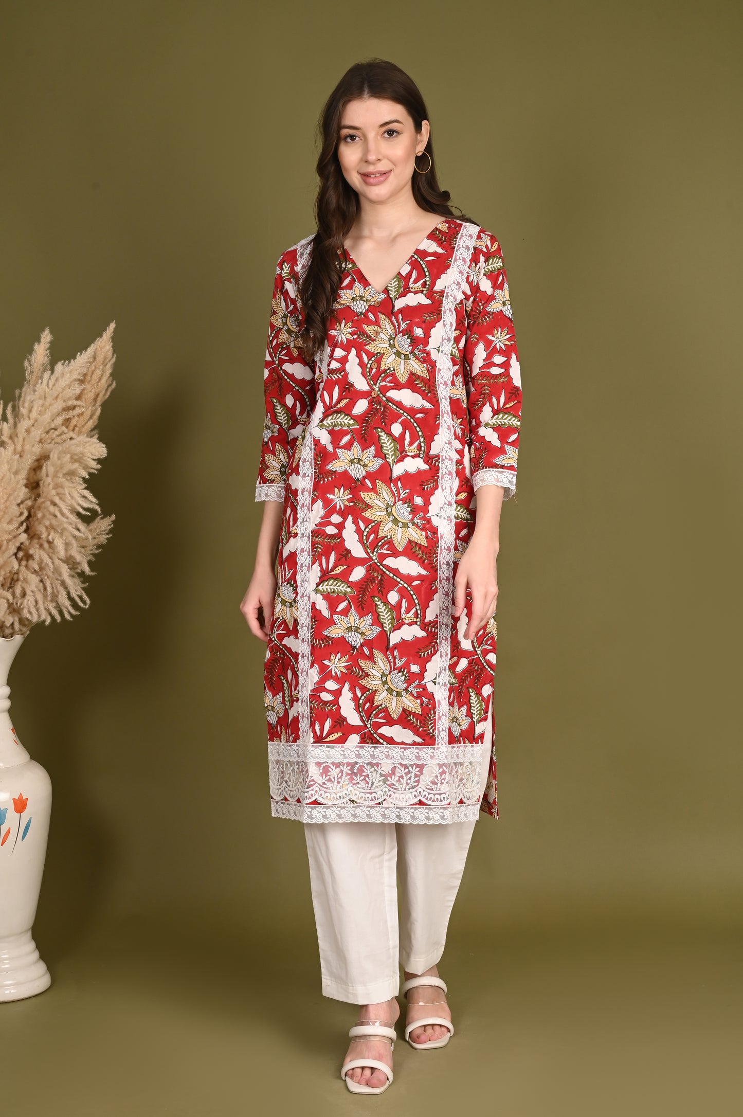 Red Cotton Handblock Suit Set