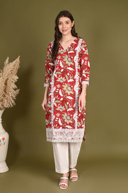 Red Cotton Handblock Suit Set