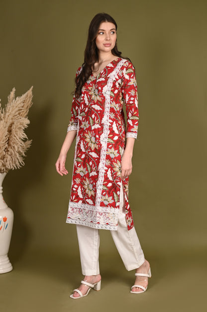 Red Cotton Handblock Suit Set