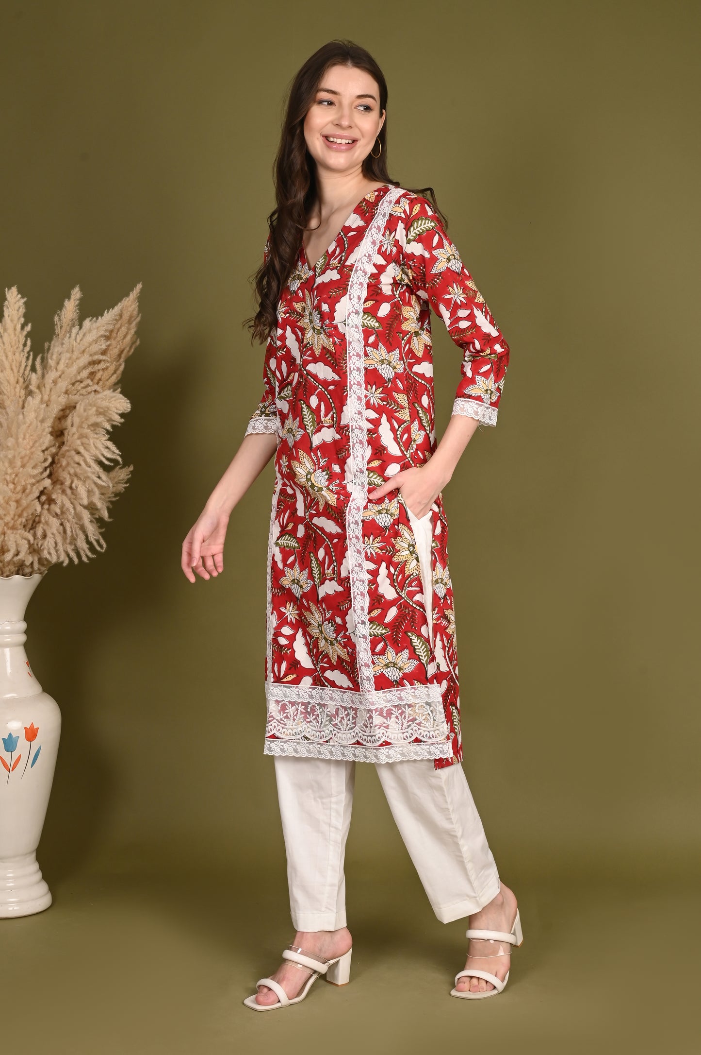 Red Cotton Handblock Suit Set