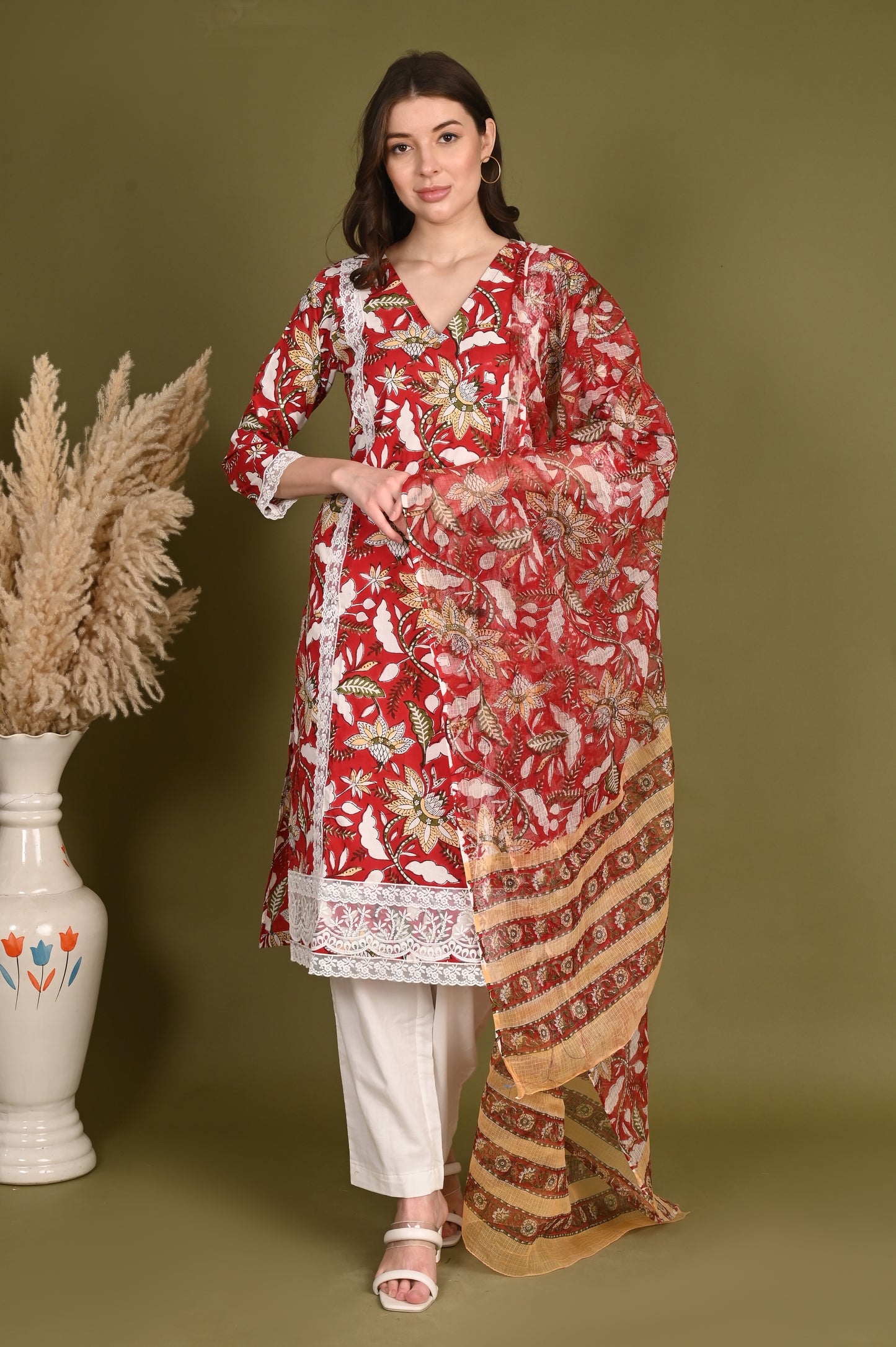 Red Cotton Handblock Suit Set