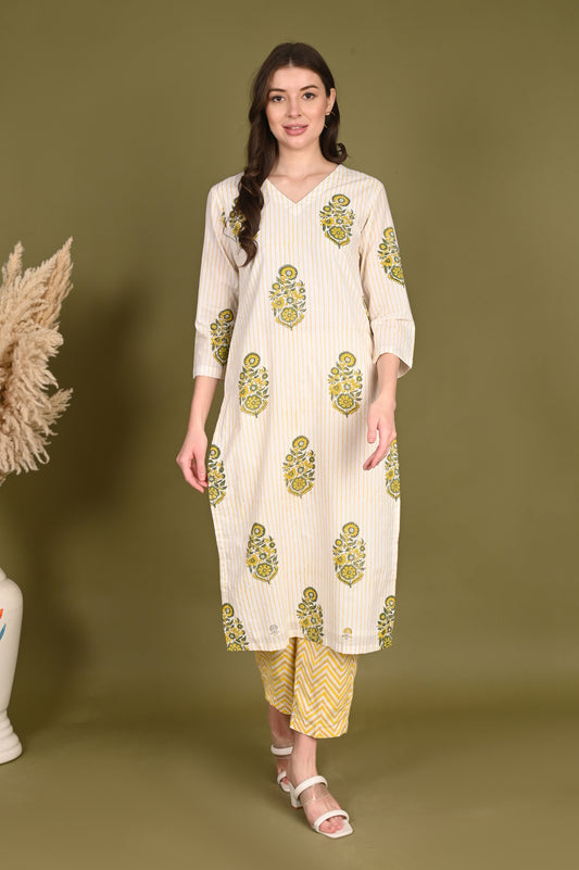 Yellow Buta Handblock Print Premium Cotton Suit Set