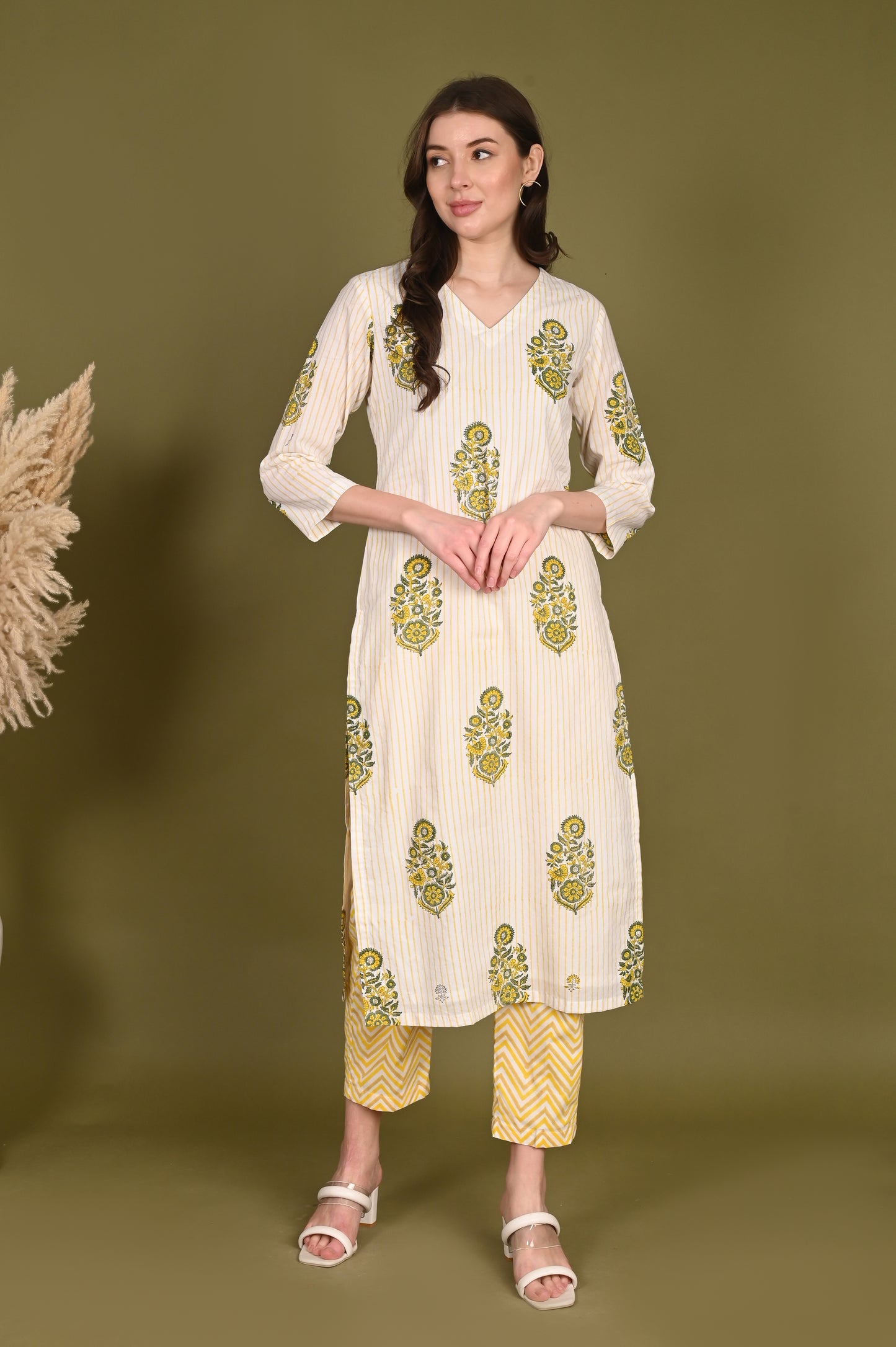 Yellow Buta Handblock Print Premium Cotton Suit Set