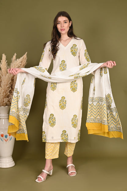 Yellow Buta Handblock Print Premium Cotton Suit Set